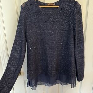 John Fashion Navy Sequin Knit Top w/ Chiffon Hem & Bow Back – Medium